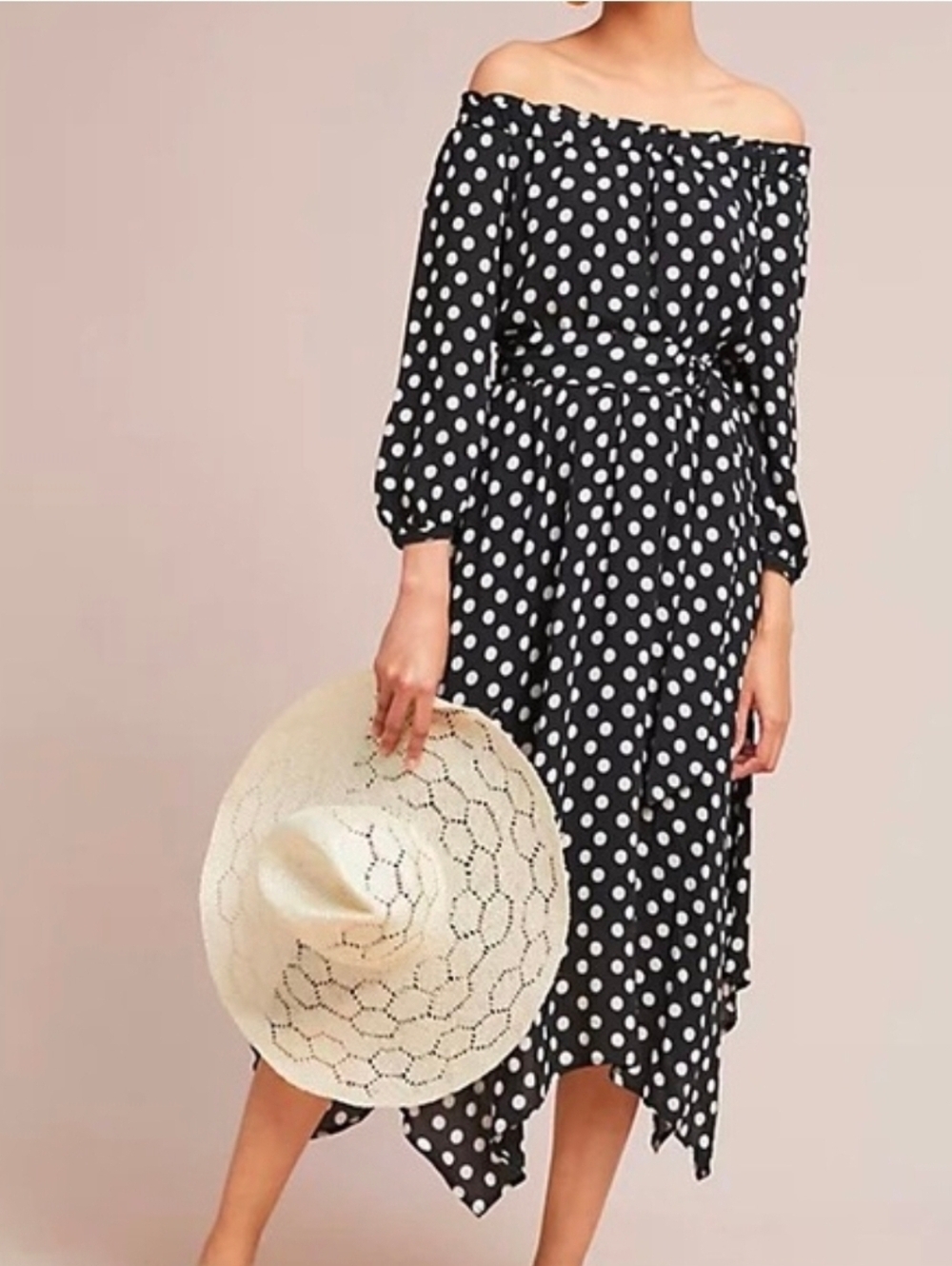 Maeve Black and White Polka Dot Off-Shoulder Midi Dress